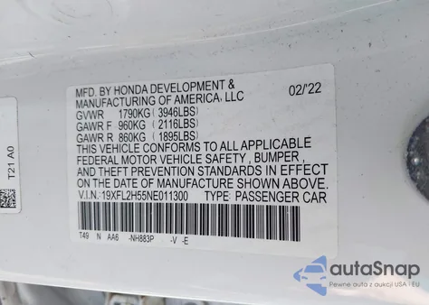 2022 Honda Civic Lx из США, поврежденный, VIN 19XFL2H55NE011300